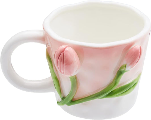 3D Flower Coffee Mug Pink Tulip Ceramic Cup,12 oz Cute Handmade Mugs,Christmas Birthday Surprise for Friends Family or Flower Lovers (Pink Tulip)