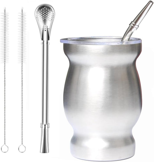 Beruth Bombilla Yerba Mate Gourd, 8oz Stainless Steel Tea Cup Set with Lid, Two Straws and Cleaning Brushes, Double Walled Coffee Mug Heat Insulation Anti Scalding （Bright Silver）
