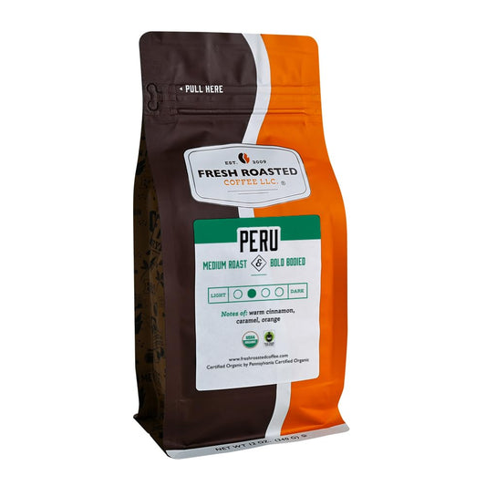 Fresh Roasted Coffee, Organic Peru | Mold & Myco 3rd Party Tested, USDA Organic, Kosher | Med Roast 12 oz Ground