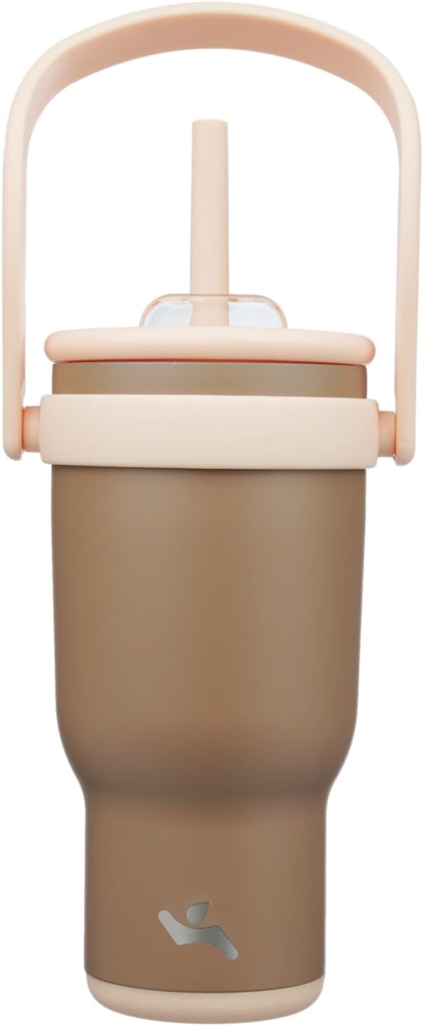 30 oz Tumbler with Side Handle, Insulated Water Bottle with Straw and 2 in 1 Lid, Stainless Steel Cup Travel Coffee Mug for Sports Office Gym,Brown