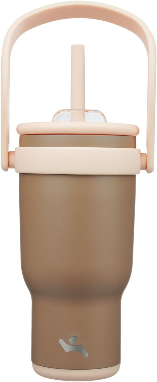 30 oz Tumbler with Side Handle, Insulated Water Bottle with Straw and 2 in 1 Lid, Stainless Steel Cup Travel Coffee Mug for Sports Office Gym,Brown