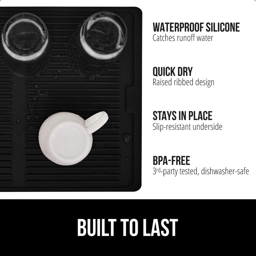 GORILLA GRIP 100% BPA-Free Patented Silicone Dish Drying Mat for Kitchen Counter, Water Catching Ribbed Design, Easy Clean Waterproof Sink Liner, Heat Resistant, Fits Under Rack, 13x11 Inch, Black