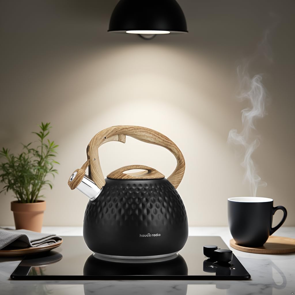 Tea Kettle Stovetop,2.5QT Stainless Steel Whistling Teapot for Stove Top Aesthetic,Portable Water Kettles Camping with Anti-hot Silicone Handle,Suitable for All Heat Sources,Black