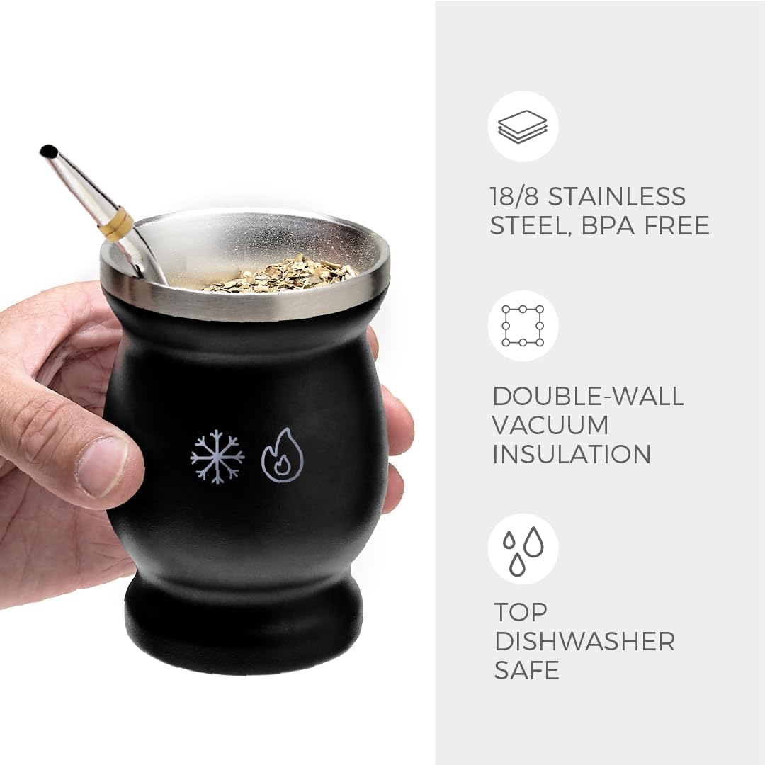 BALIBETOV Stainless Steel Double-Wall Mate Cup And Bombilla Set - Yerba Mate set Includes One Yerba Mate Cup, 2 Bombillas Mate (Straw) & Brush - Easy to Clean (Black)