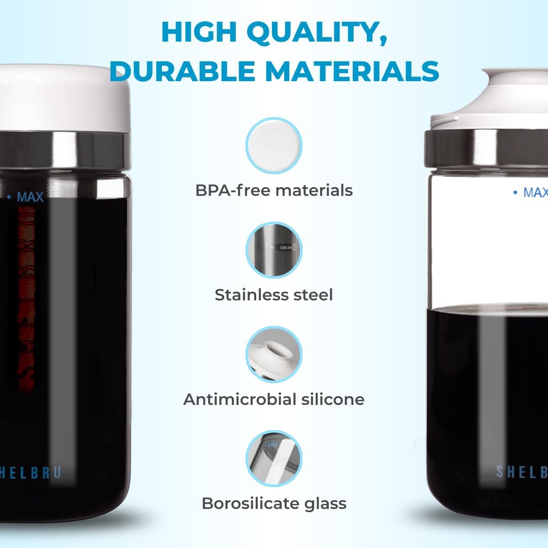 Cold Brew Coffee Maker Set (Brewer & Carafe), Up to 12 Servings of Concentrate, Reusable Stainless Steel Dual Filter, Durable Borosilicate Glass & Spill-Proof Pouring Spout, 16.9 fl oz / 500ml