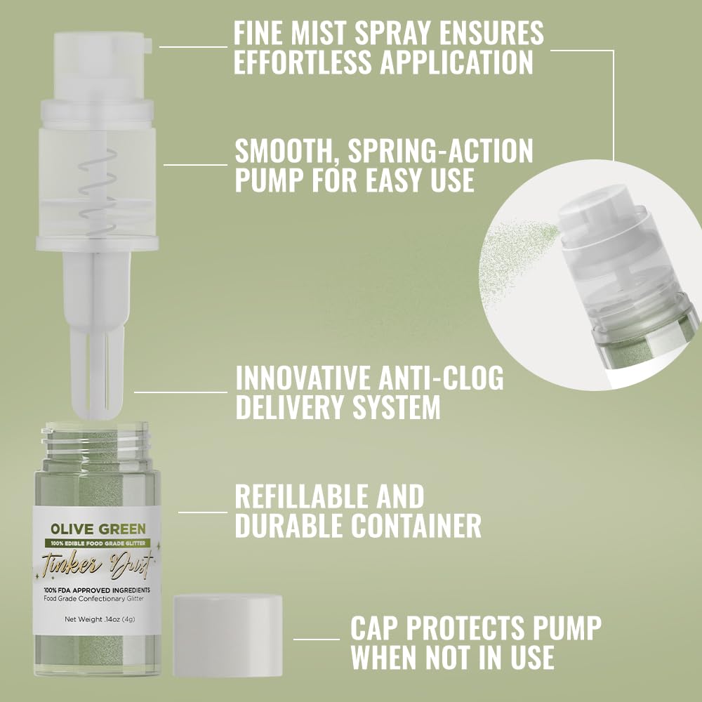 Bakell - Olive Green Tinker Dust (4g, 1x Mini Spray Pump) Edible Glitter for Food, Desserts, and Beverages!