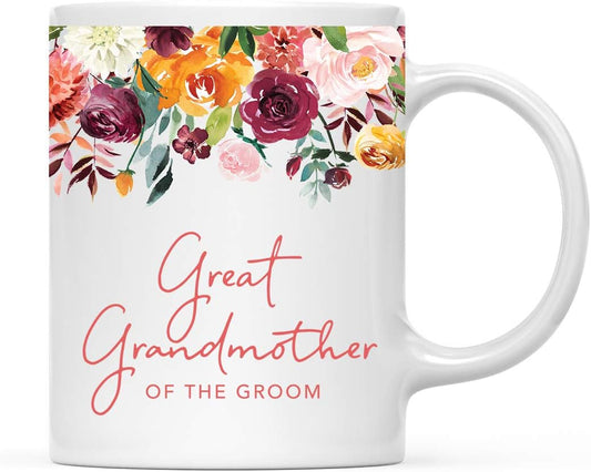 Andaz Press 11oz. Wedding Ceramic Coffee Tea Mug Gift, Fall Autumn Burgundy Orange Peach Flowers Roses Florals, Great Grandmother of the Groom, 1-Pack, Includes Gift Box