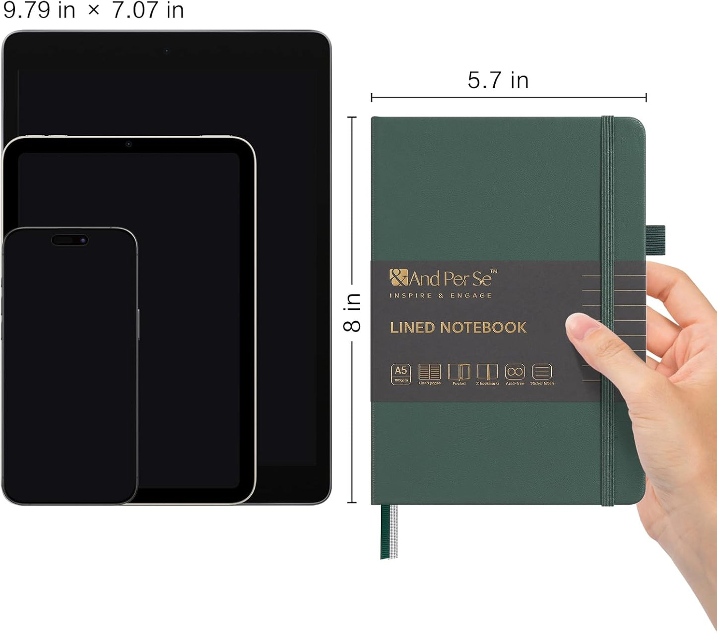 &And Per Se Lined Journal Notebook, 160 Pages, A5 5.7 x 8 inches College Ruled Thick Paper Notebook Journals for Writing, Hardcover Notebooks for Women Men Office School (1 Pack, Green)