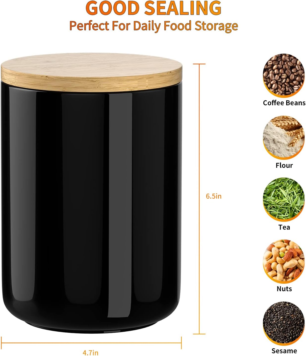 ALYC White Ceramic 1050mL 4 cup Food Storage Canister with Airtight Bamboo Lid and Silicone Seal Container for Counter - Great for Flour Coffee Sugar Treat Snack Caddy (Black)