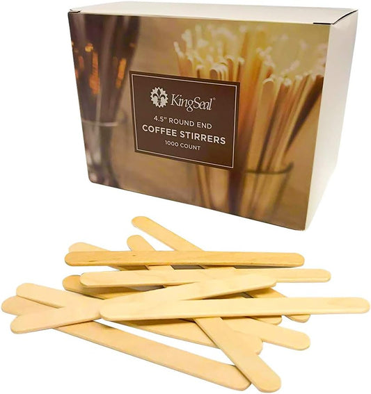 2000 Count | KingSeal Natural Birch Wood Coffee Beverage Stirrers, Stir Sticks, Waxing Sticks, Popsicle Sticks, 4.5 Inches, Round End - 2 Boxes x 1000 Stirrers