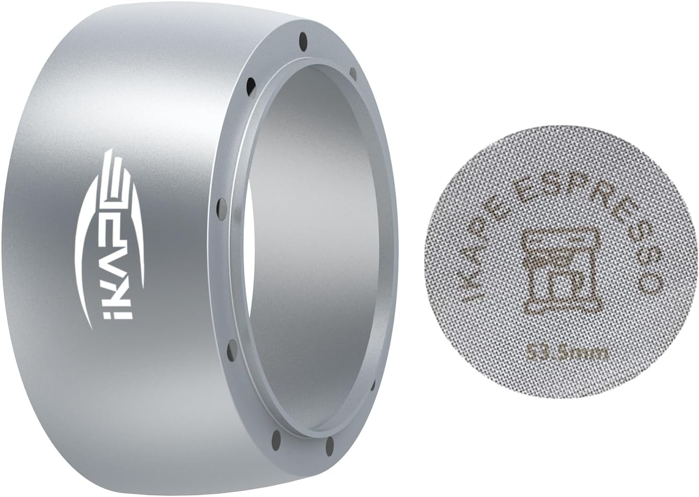 IKAPE Magnetic Dosing Funnel Set, 53MM Espresso Dosing Ring & Puck Screen Kit Compatible with Delonghi 54MM Bottomless Portafilter - with 8 Small Magnet (Silver)