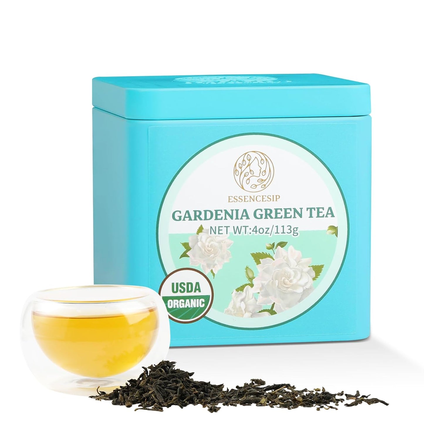 Essencesip Gardenia Green Tea Loose Leaf, 4oz Tin – 4-Round Floral Scented with Fresh Gardenia Blossoms, Creamy Aroma and Gentle Caffeine