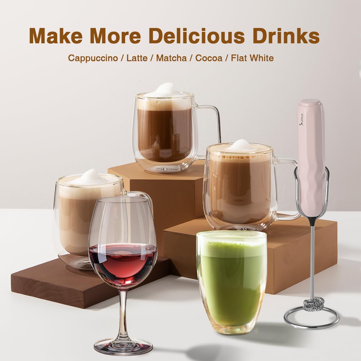 SUPRUS Ultra Fast Handheld Milk Frother Double Whisk with Stand 2 Batteries Stainless Steel for Lattes Cappuccino Matcha Hot Chocolate Coffee Bar Accessories Kitchen Gadgets Gift