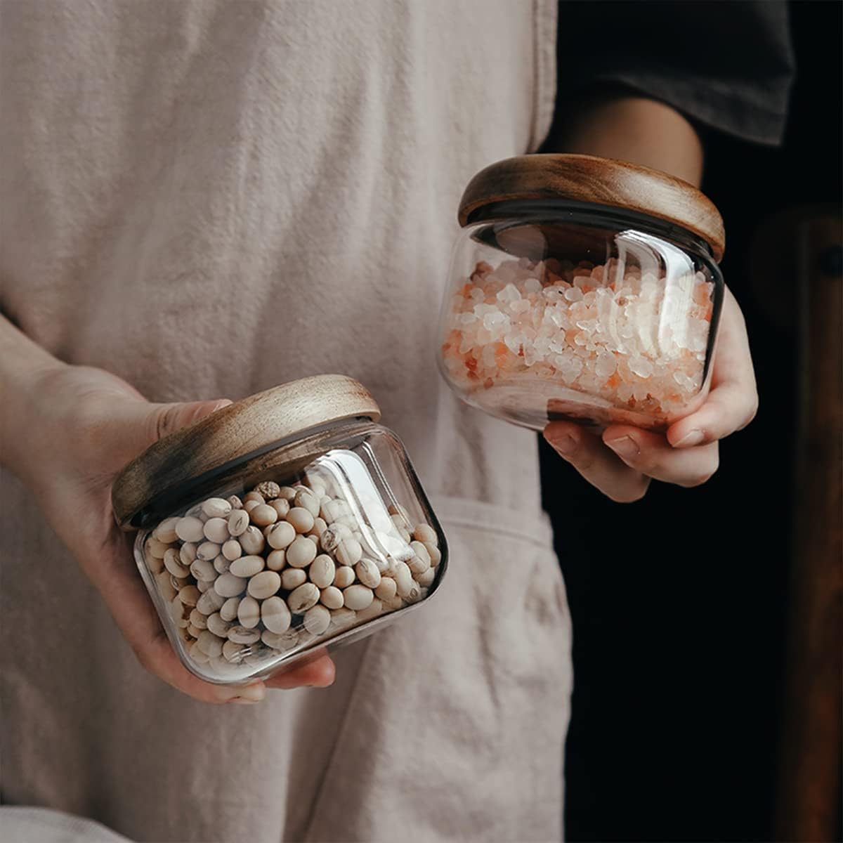 Glass Food Storage Containers With Wooden Lids - Small Coffee Jars - Pantry Organization For Overnight Oats, Cereal, Rice, Candy (10oz(300ml))