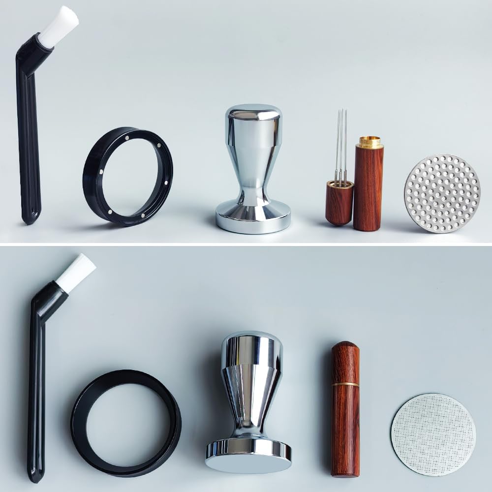 51mm Espresso Tamper Set, 5PCS Coffee Tamper Kit with WDT Tool, Coffee Stirrer, Dosing Funnel, Puck Screen 51mm Espresso Accessories Tampers Kit (Silver)