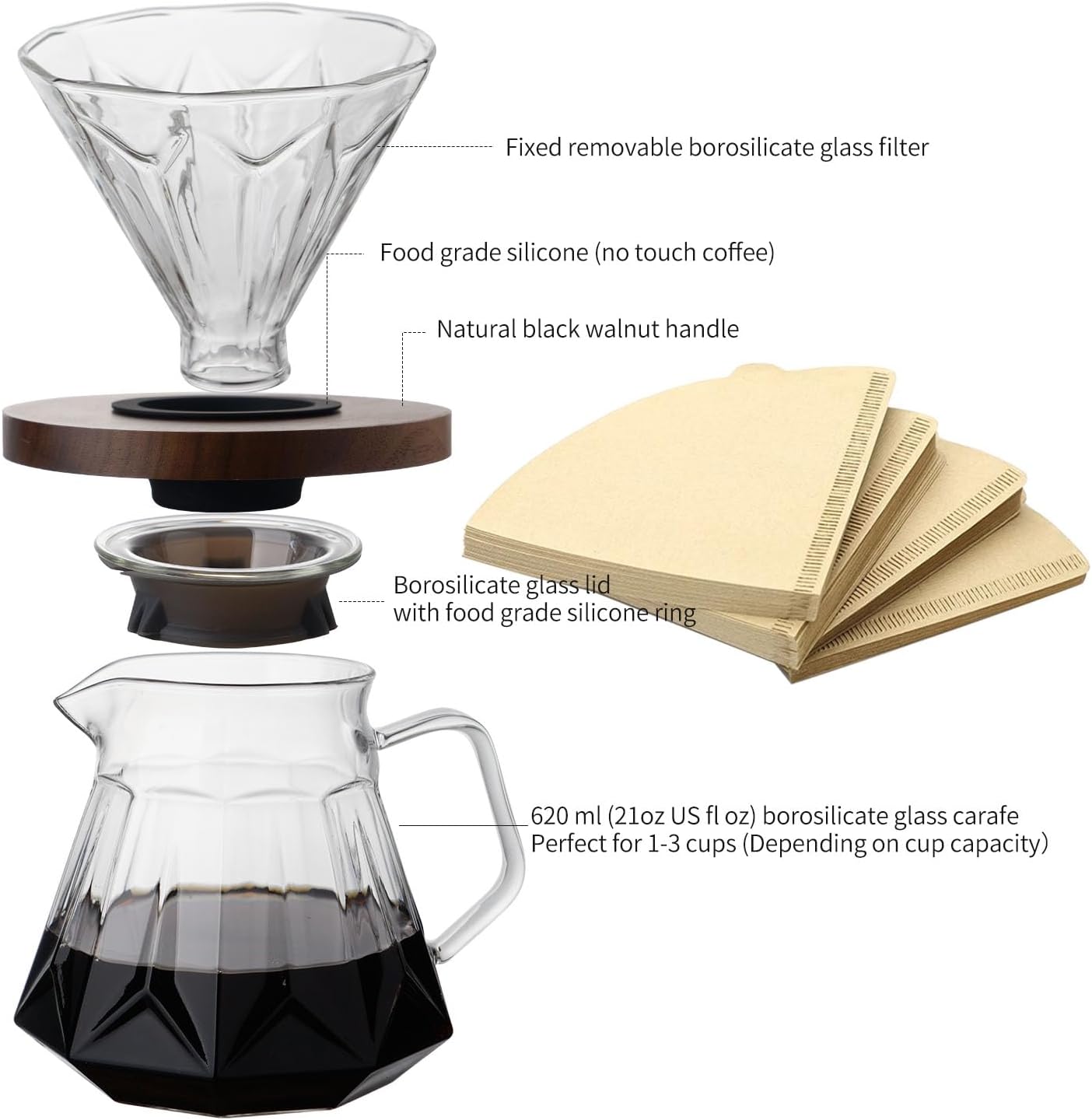 Pour Over Coffee Maker Set, 21 oz/620ml Glass Pour Over Coffee Dripper Filter Coffee Maker Kit Manual Grinder with Walnut Handle for Home Office Cafe Restaurant Camping (Clear)