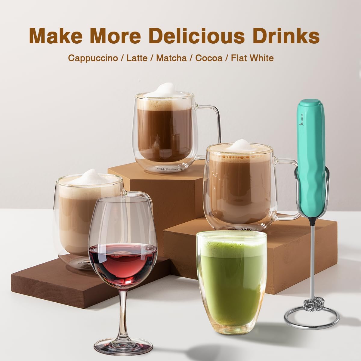 SUPRUS Ultra Fast Handheld Milk Frother Double Whisk with Stand 2 Batteries Stainless Steel for Lattes Cappuccino Matcha Hot Chocolate Coffee Bar Accessories Kitchen Gadgets Gift