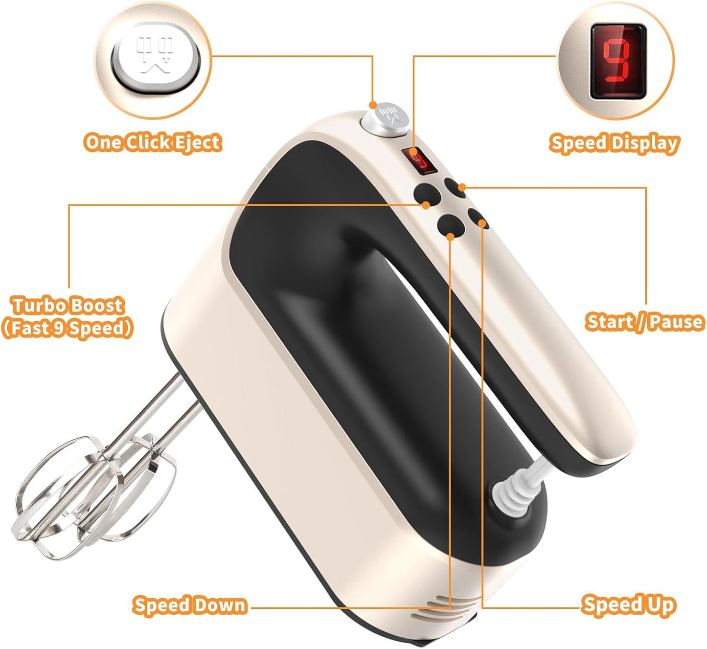 9-Speed Digital Hand Mixer Electric, 400W Powerful DC Motor, Baking Mixer Handheld with Snap-On Storage Case, 5 Stainless Steel Accessories, Flat Beaters, Dough Hooks, Whisk (Champagne Gold)