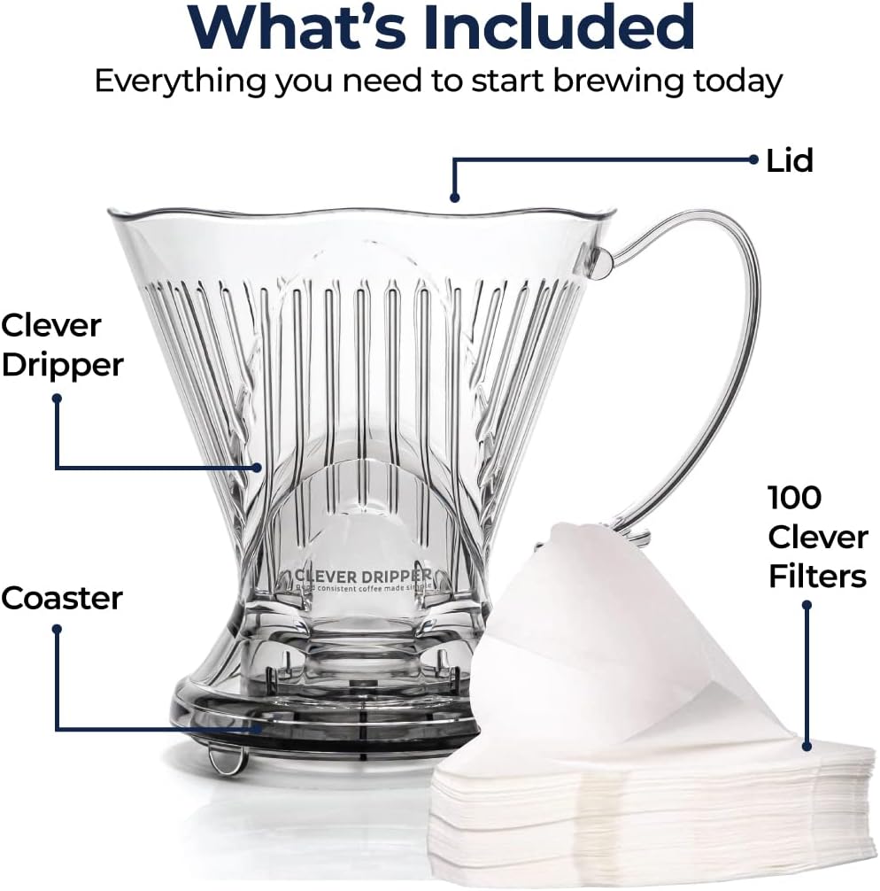 Clever Coffee Dripper and Filters, Large 18 oz, Original Classic Design, Safe BPA Free Plastic, Drip Coffee Maker, Pour Over, 100 Filters, Coaster and Lid