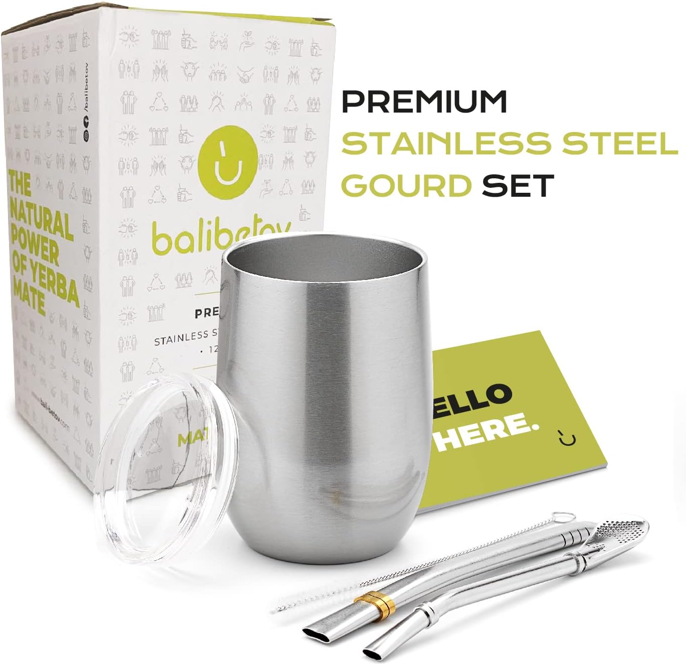BALIBETOV 5 pcs large Yerba Mate Cup and Bombilla Kit, Includes one 12 oz Yerba Mate Gourd with Lid, Two Bombillas Mate Straw and one cleaning brush | Stainless steel | Double Walled