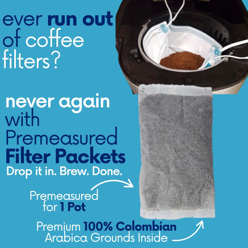 100% Colombian Dark Roast Ground Coffee in Filter Packs | Low Acid Mold Free Premeasured Pouches | Sampler Packets | Gourmet Powder Bags for 10–12 Cup Drip Maker | Highest Rated Individual Coffee