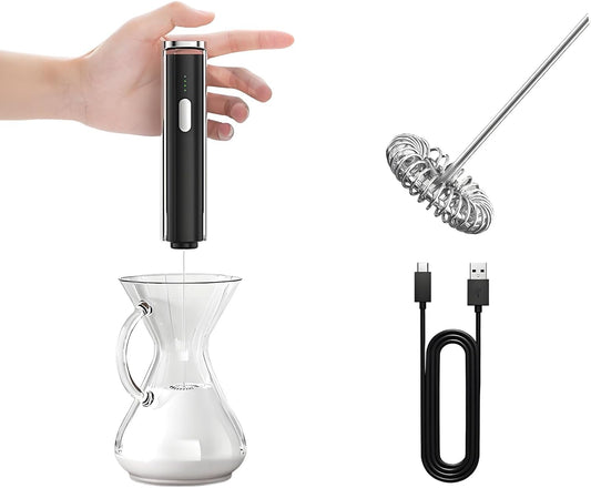 Electric Milk Frother Handheld & Stand, Rechargeable with Detachable Whisk - Fast Foam Maker for Latte, Cappuccino, Hot Chocolate, Egg – Black