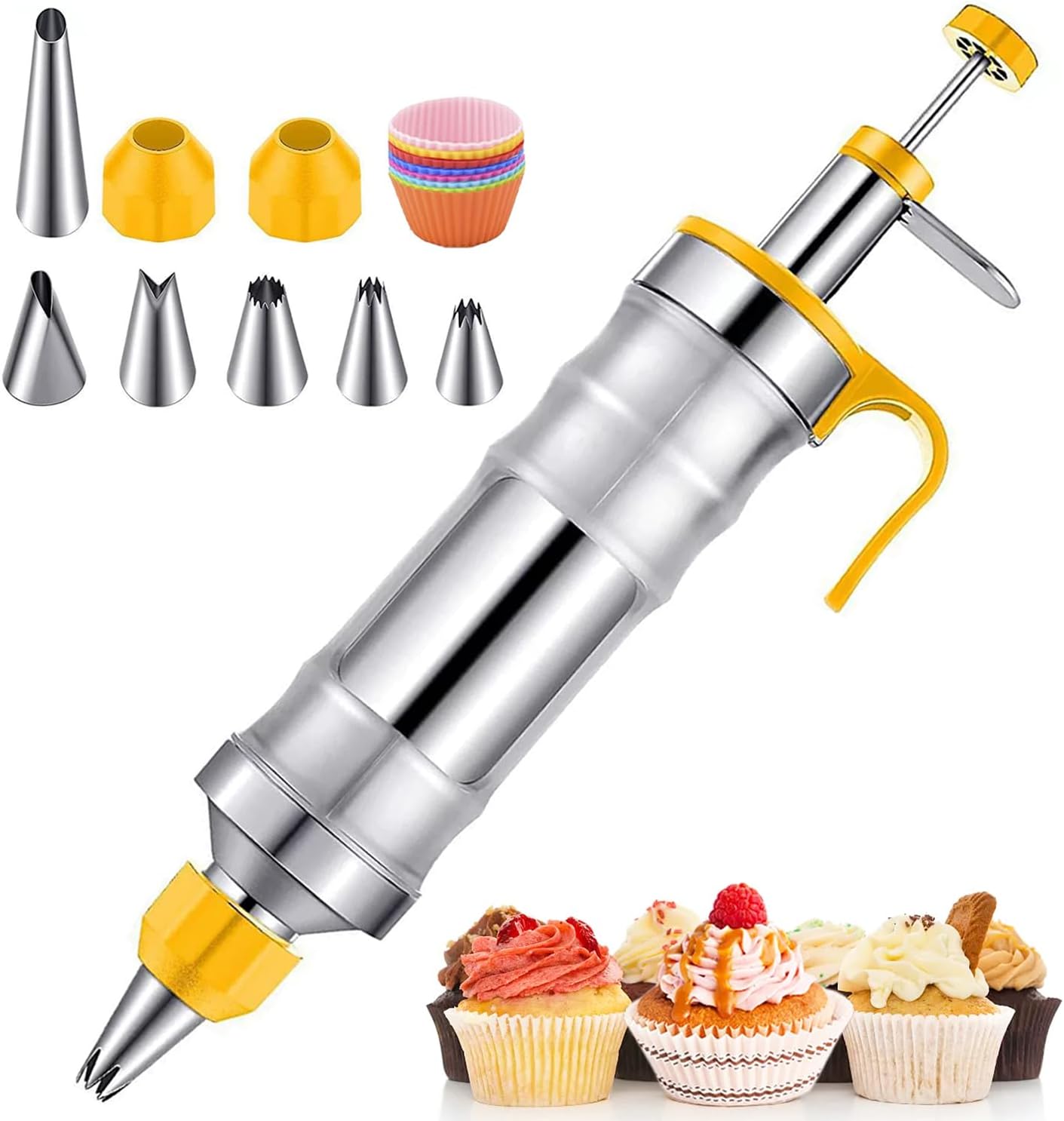 Hendiy Dessert Decorating Syringe Set, Stainless Steels Cake Decorating Tools Icing Piping Kit Icing Gun Cupcake Frosting Piping Kit, Cake Piping Kit with 6 Icing Nozzles and 9 Cupcake Liners