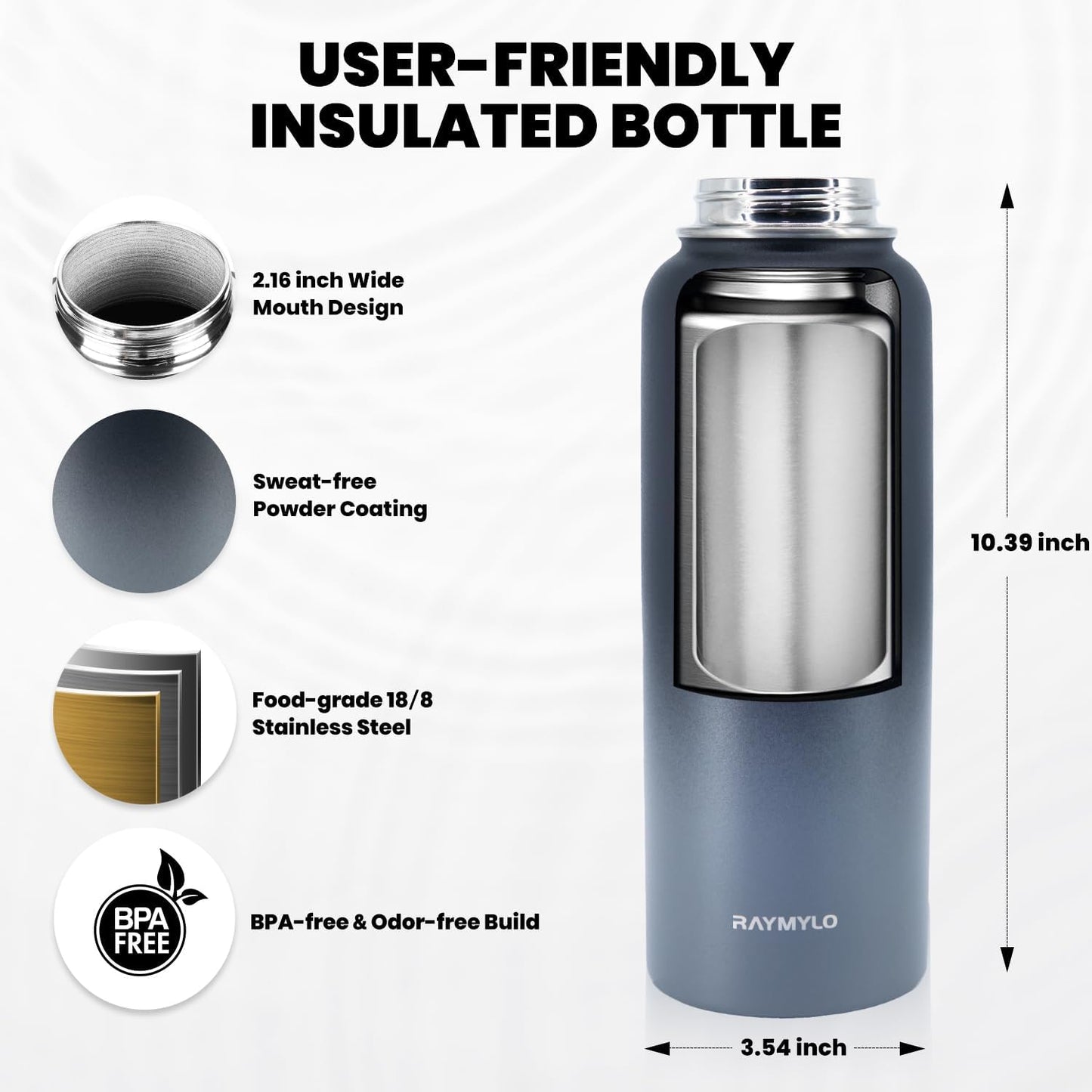 Insulated Water Bottle 40 oz, Triple Wall Vacuum Stainless Steel (Cold for 48 Hrs), Leak Proof & Non-BPA, Modern Water Flask Jug with Paracord Handle & Straw Spout Lids, Dark Grey