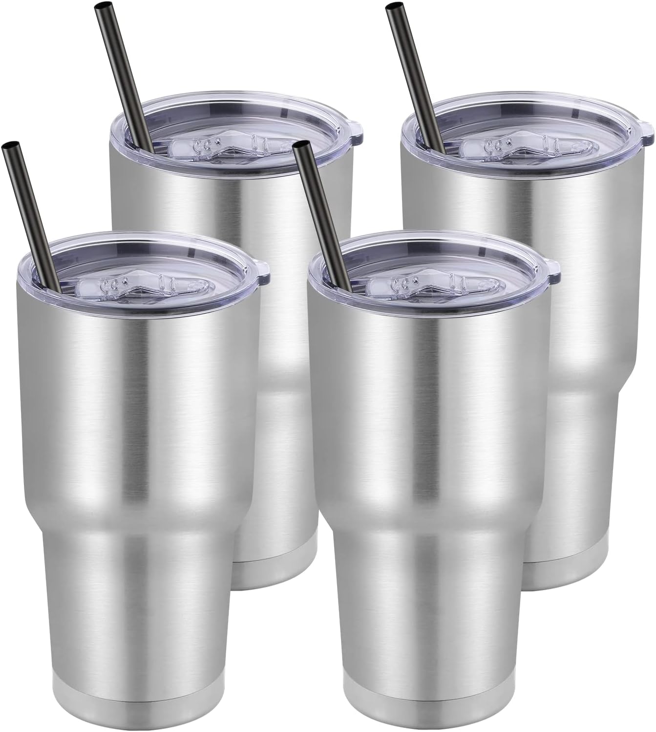 DOMICARE 30 oz Tumbler with Lid and Straw, Stainless Steel Tumblers Bulk, Insulated Vacuum Double Wall Travel Coffee Mug, Durable Powder Coated Tumbler Cups (Stainless Steel, 4)