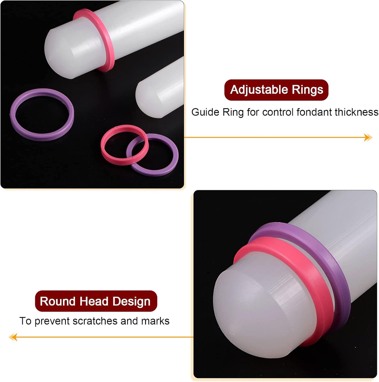 HARFINGTON Fondant Rolling Pin 20 Inch x 0.98 Inch Adjustable Guide Rings Non-Stick PP Plastic Fondant Roller Dough Roller Kitchen Decorating Tools for Cookie Pastry Pizza Clay