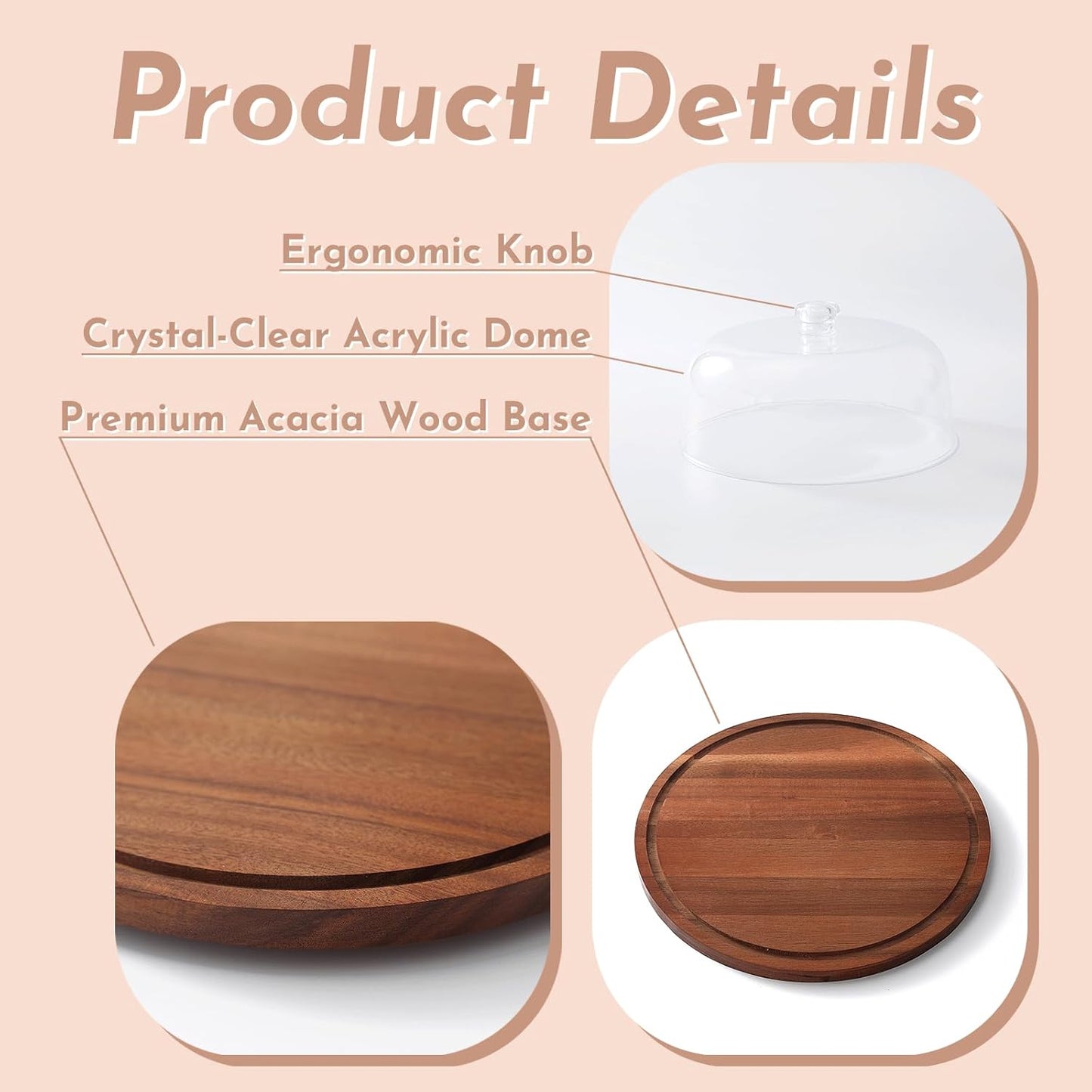 Acacia Wood Cake Stand with Acrylic Dome Lid, Cake Holder with Lid, Dessert Display Stand with Dome Cover, Charcuterie Boards for Cheese, Chips, Fruit, Cake Board, Cake Plate for Party, Wedding