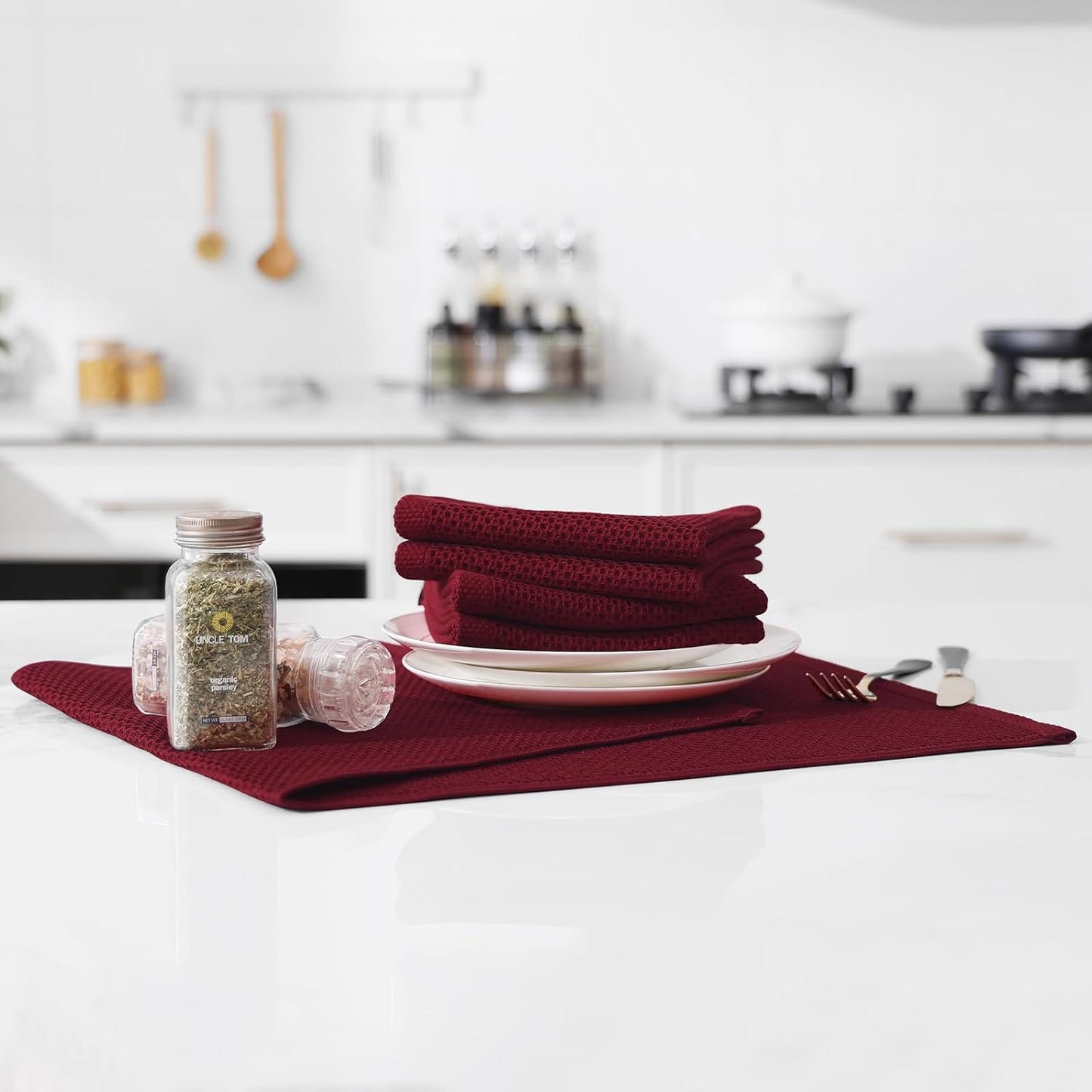 Kitinjoy 100% Cotton Waffle Weave Kitchen Towels, 12-Pack Super Soft and Absorbent Dish Towels for Drying Dishes, Kitchen Hand Towels, 13 in x 28 in, Burgundy