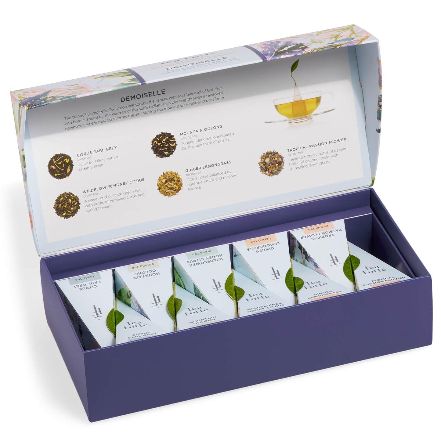 Tea Forte Demoiselle Petite Presentation Box Tea Gift Set Sampler, 10 Count, 2 of Each Variety Individually Wrapped Handcrafted Pyramid Infuser Bags