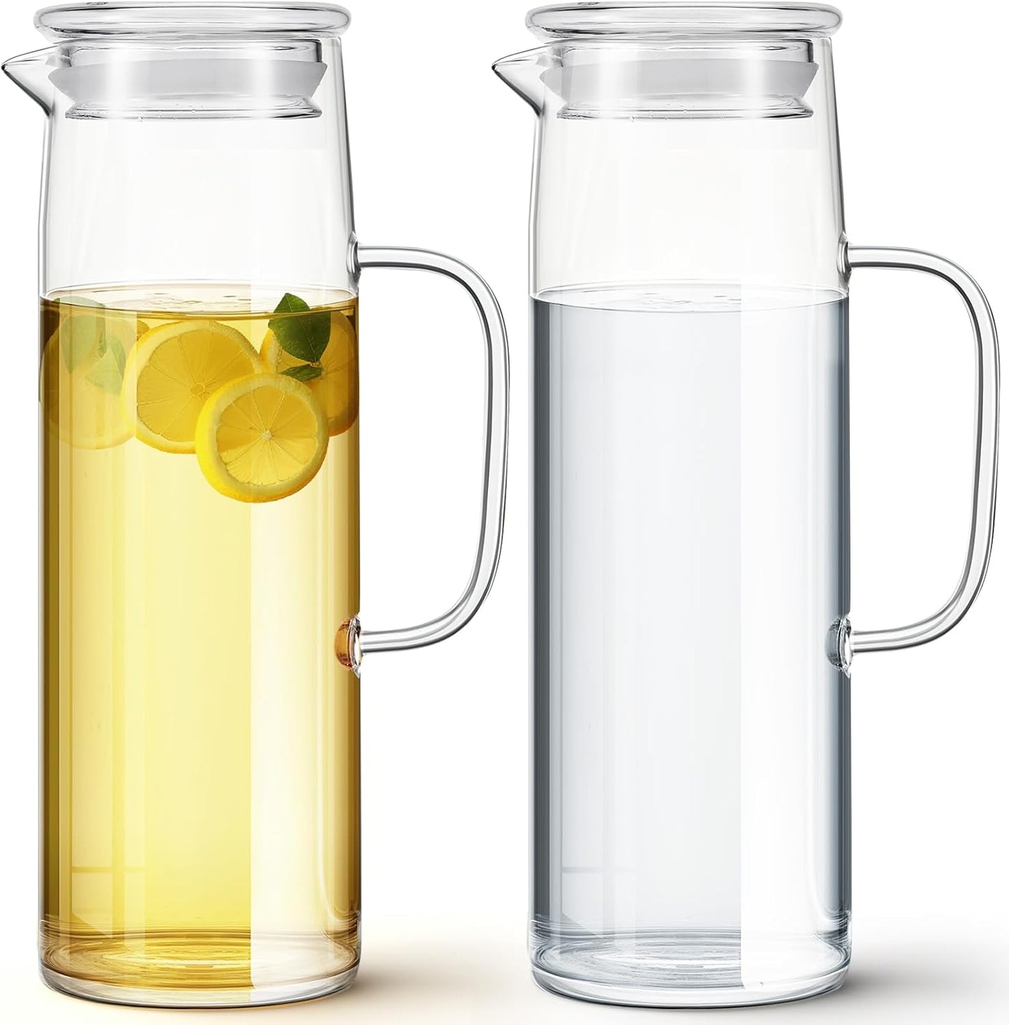 Hsei 2 Sets Glass Pitcher with Lid, 50 oz / 1500 ml Water Carafe with Handles Hot Cold Beverage Water Jar Glass Jug for Tea Juice Milk Coffee Iced Beverage (Glass Lid)