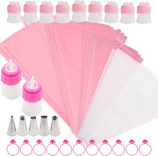 SNAIL GARDEN 38Pcs Silicone Pastry Bags Set, 9Pcs 3 Sizes Reusable Icing Piping Bags with 2Pcs Two-color Pastry Bags, 11Pcs Plastic Couplers+11 Frosting Bag Ties+5 Decorating Tips(12"+14"+16")