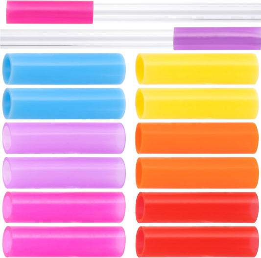 12pcs Food-Grade Silicone Metal Straw Tips, Reusable Straight Straws Cover Replacement Tips, Soft Straw Toppers Kits for 8 mm Stainless Steel Metal Straws - 6 Colors