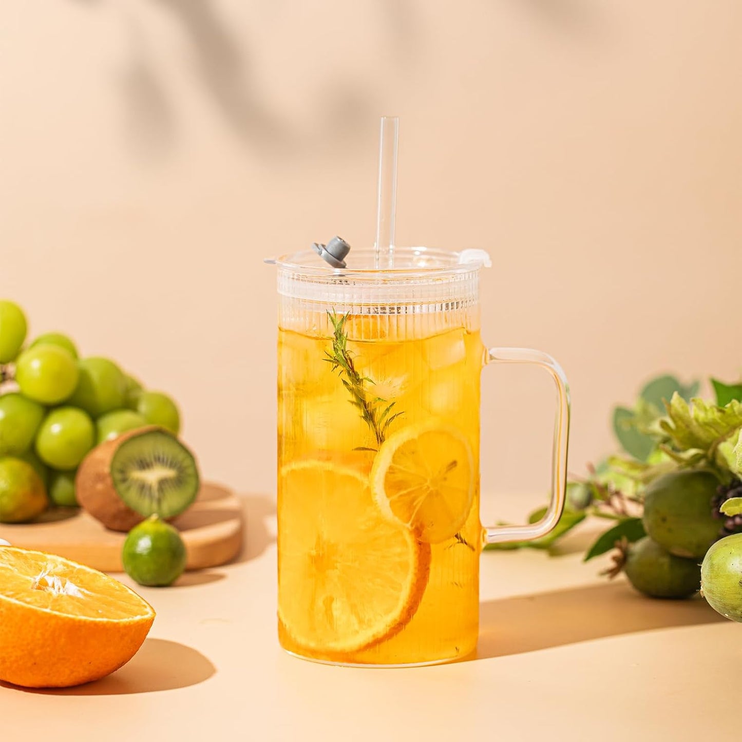 26oz Large Ribbed Glass Tumbler with Handle and Lid - Set of 2, Clear Glass Cups with Reusable Straws, Vertical Striped Design - Perfect for Iced Coffee, Tea, Smoothies, and Cocktails