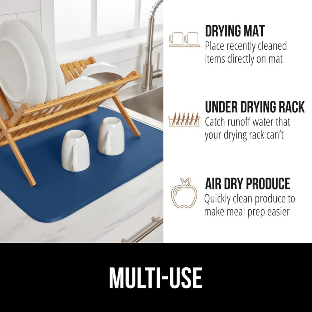 GORILLA GRIP Ultra Water Absorbent Microfiber Dish Drying Mat, 18x24, Quick Dry Thick Mesh, Slip Resistant Pad for Sink Dishes or Under Rack, Kitchen Counter Accessories, Machine Wash, Blue