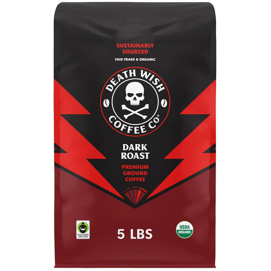 Death Wish Coffee Dark Roast Grounds - Bold Intense Blend of Arabica & Robusta Beans - USDA Organic Ground Coffee - 80 oz.