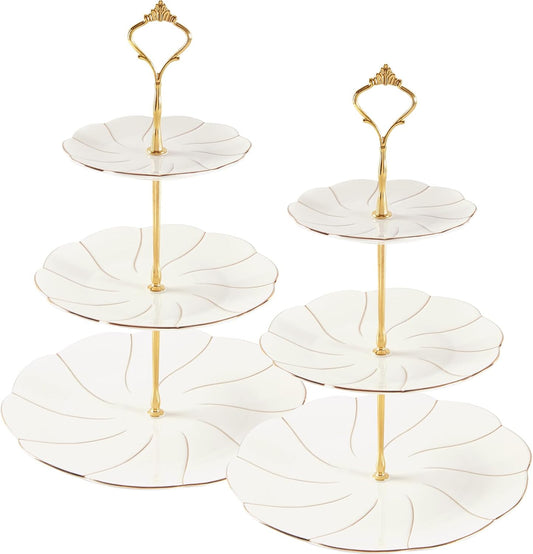 DUJUST 2pcs Porcelain 3-Tier Cupcake Stand Tower, British Style Serving Tray with Golden Trim, Food Grade Dessert Display Stand, Beautiful Gift for Tea Party & Home Décor