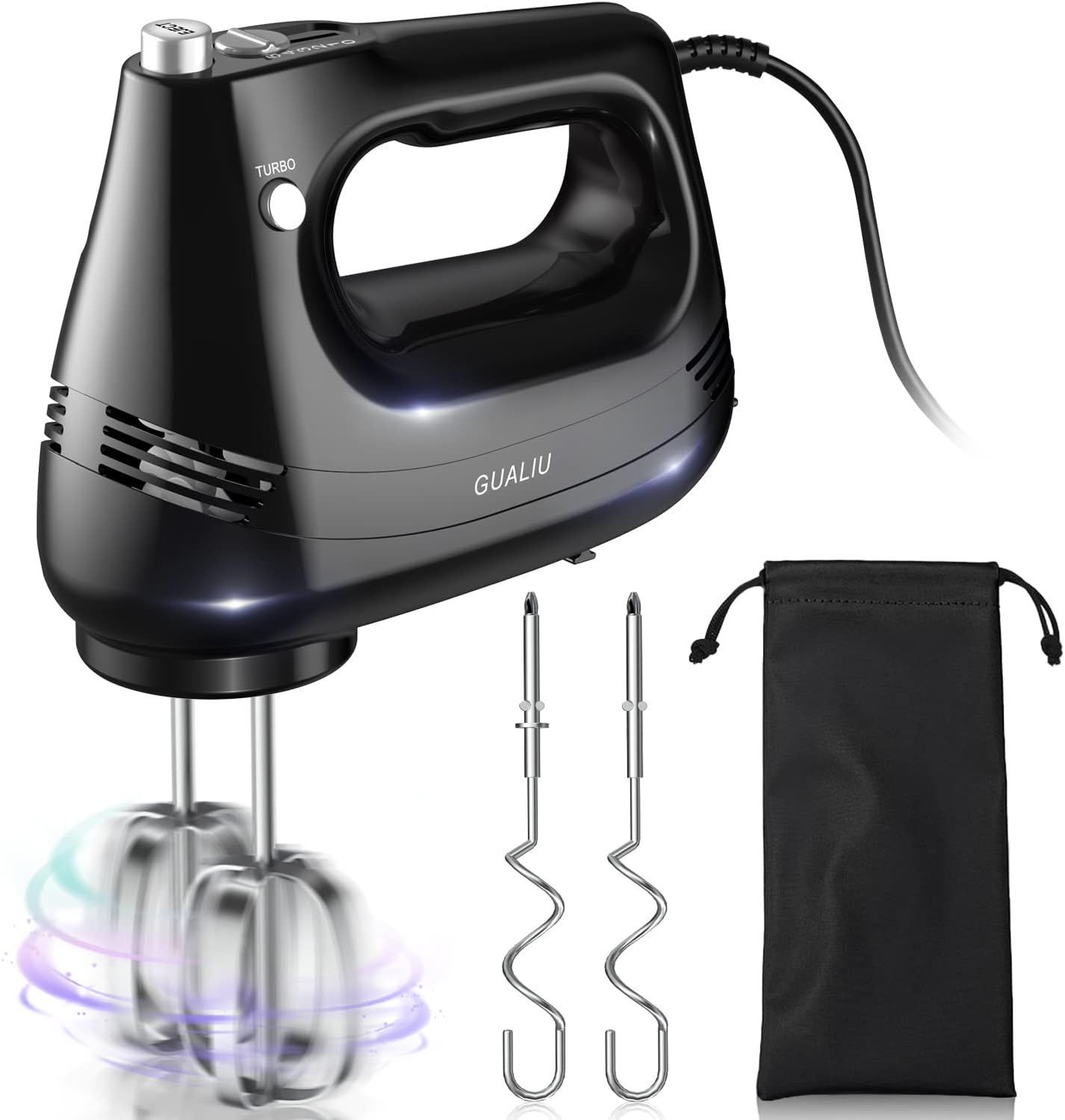 Electric Hand Mixer with Stainless Steel Whisk, Dough Hook Attachment and Storage Bag, Handheld Mixer for Baking Cakes, Eggs, Cream Food Mixers. Turbo Boost /5 Speed Kitchen Blender