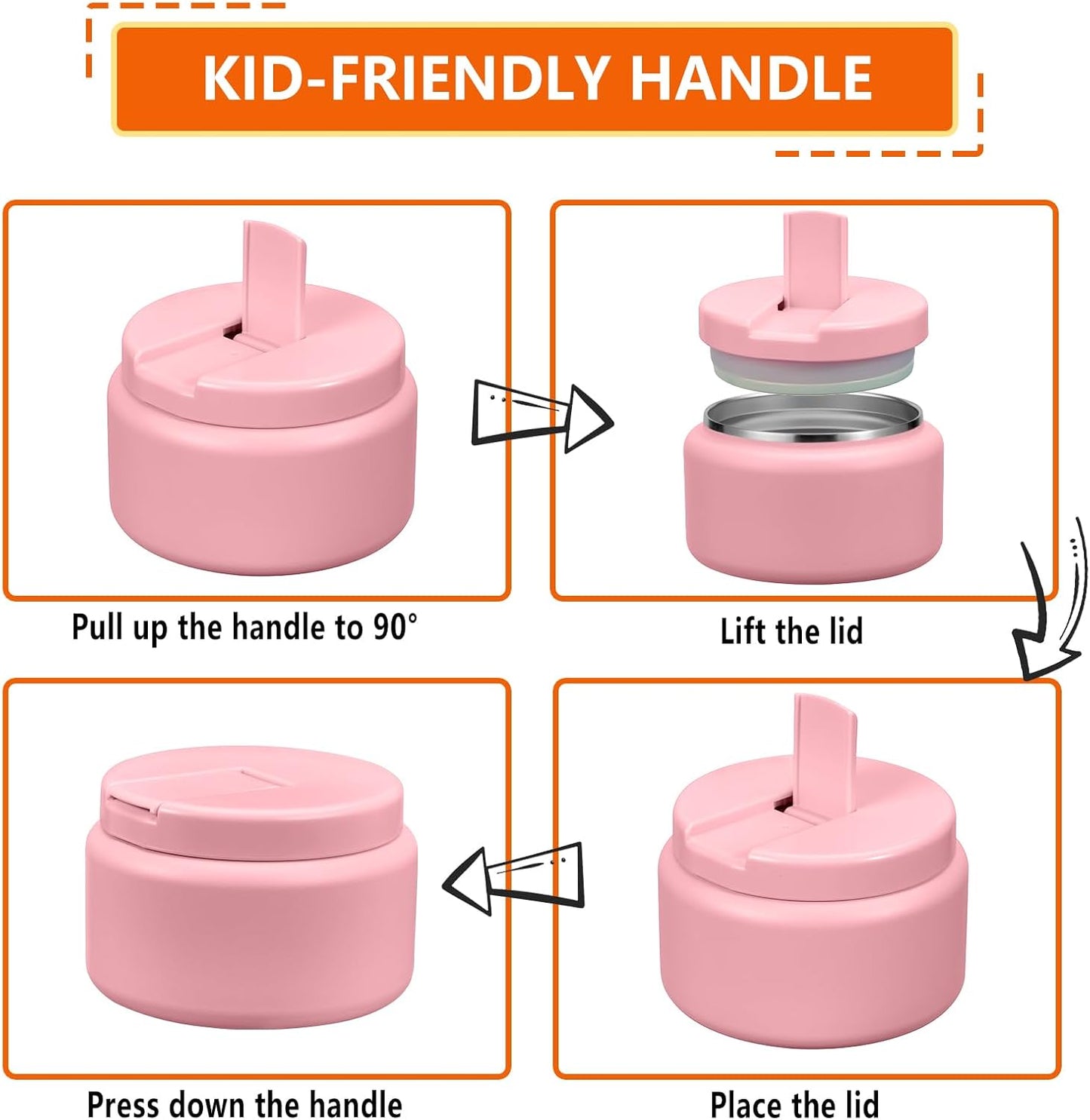 13.5oz Kids Thermos for Hot Food, Insulated Vacuum Food Jar with Buckle Lid, Stainless Steel Wide Mouth Leak Proof Insulated Lunch Container for School Picnic Travel,Pink