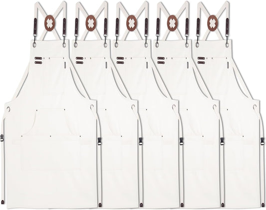 5 Pack Kitchen Apron, Work Apron, Canvas, Multiple Pockets, Gardening, Painting, BBQ, Artist, Carpenter, Sizes M to XXL, White