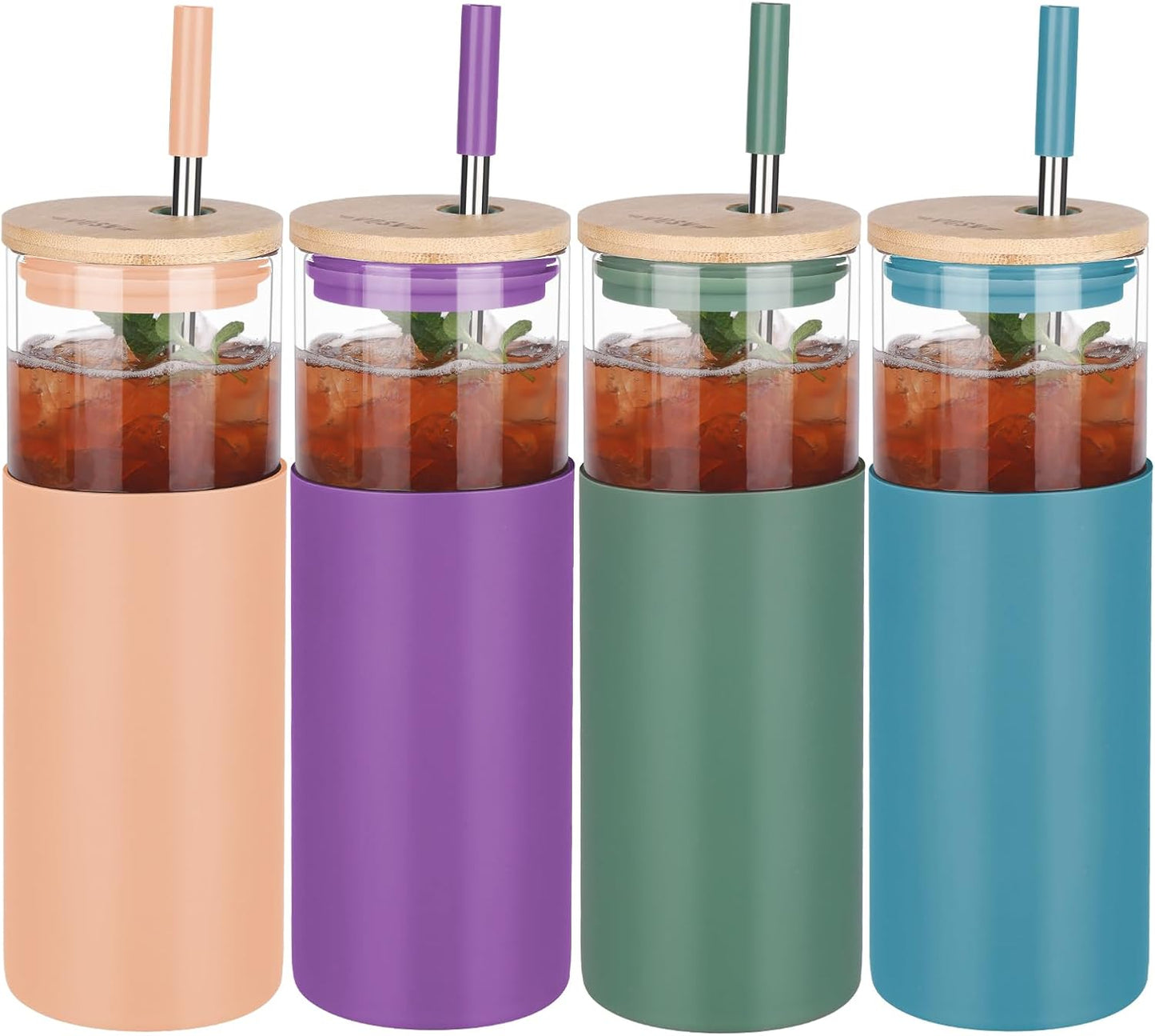 Glass Tumbler w/Lids & Straw:24oz Reusable Mug w/Bamboo Lid & Stainless Steel Straw-BPA-Free, Leak-Proof,Dishwasher Safe for Coffee,Smoothies, Hot Beverages, Travel, Office, Home Use,4-PK
