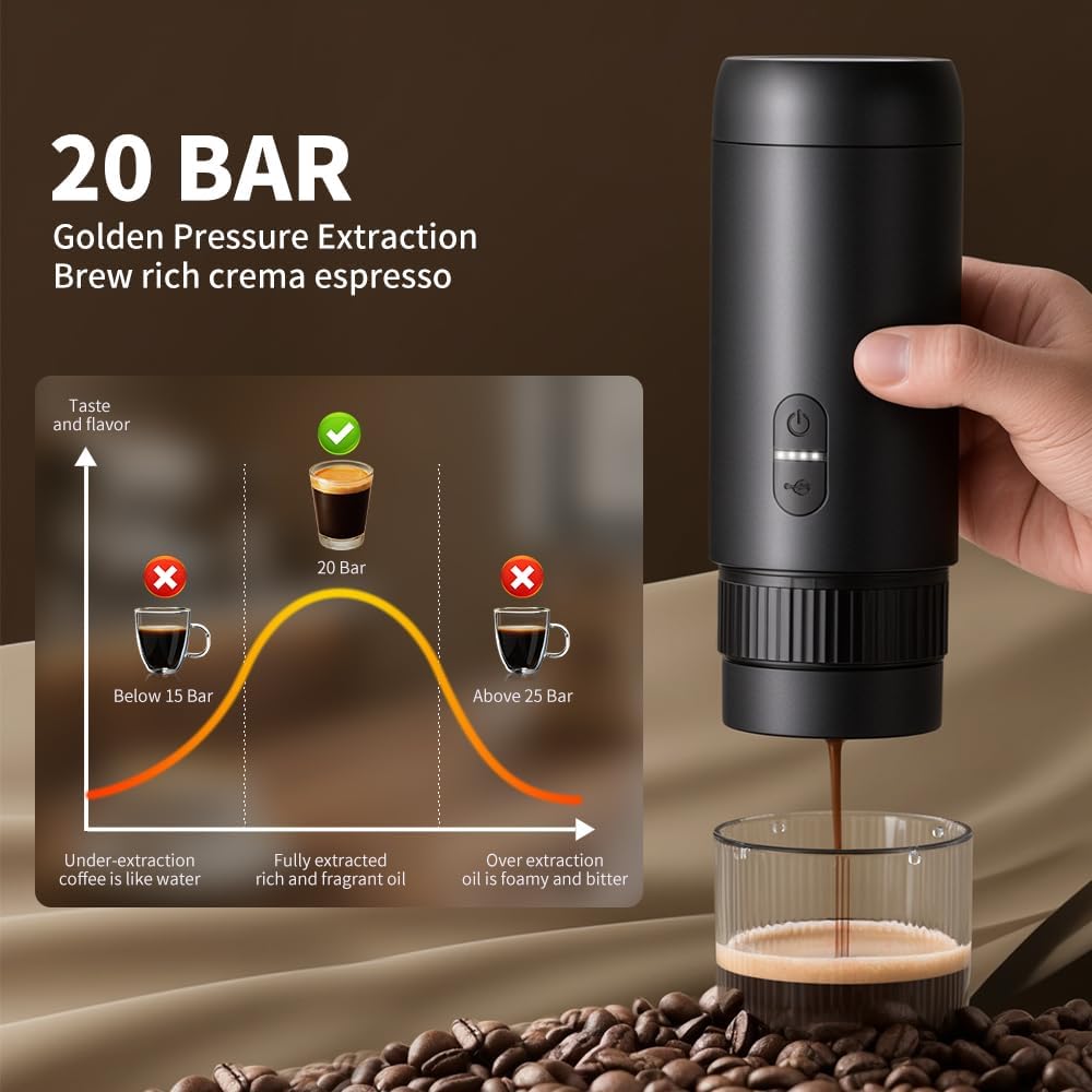 Portable Coffee Maker Espresso Machine, Suitable for coffee powder, capsule coffee, convenient for RV camping, hiking, picnicking, office and home use