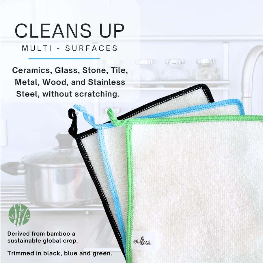 Whiffkitch Dishcloths Dishrags for Kitchen and Household Cleaning 6x7 3-Pack Non-Scratch 2-Ply Weave, Bamboo-Rayon Fabric, Absorbent, Washable, Long-Lasting
