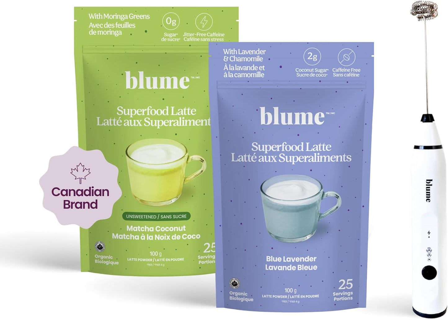 Blume Matcha & Blue Lavender Starter Pack - Organic Superfoods Booster for Lattes, Coffee & Smoothies - Vegan, Sugar and Gluten Free - Includes Frother - 60 Servings