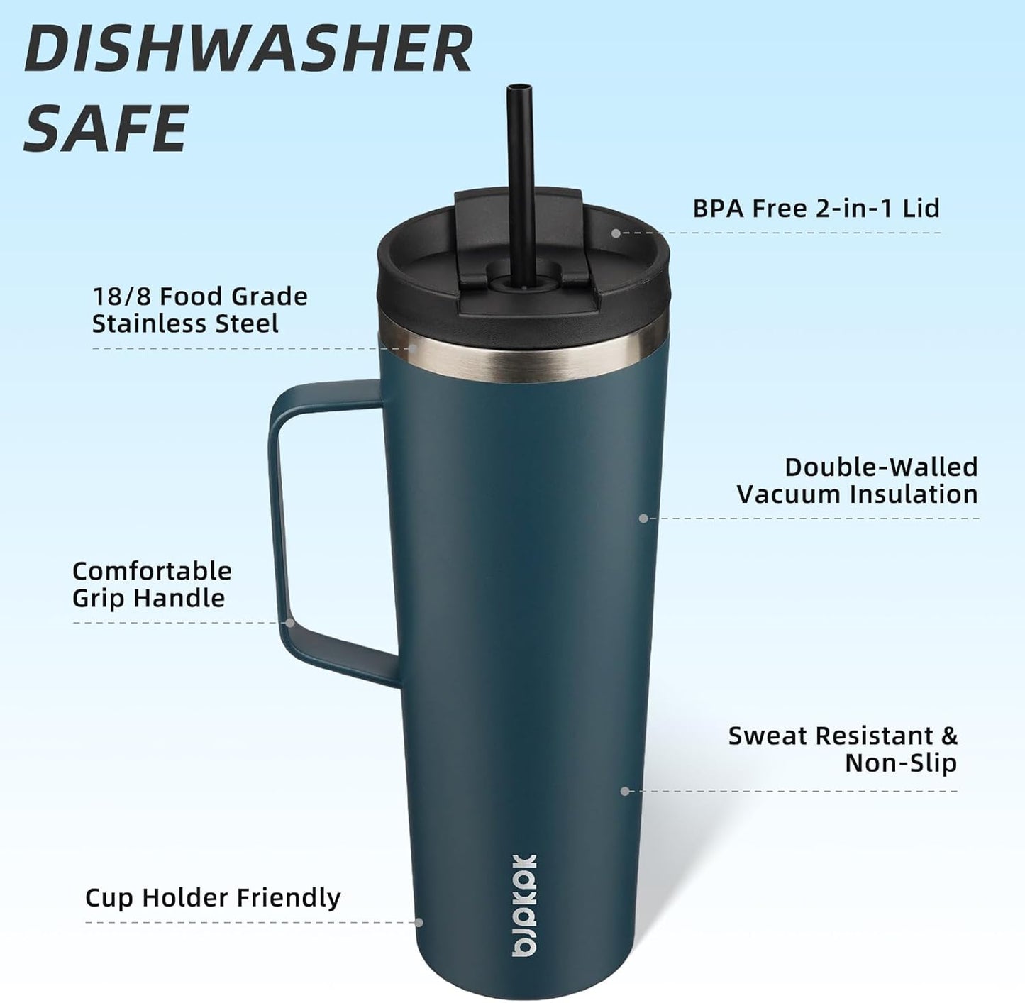 BJPKPK Insulated Tumbler with Handle, 30oz Insulated Tumblers with Lid and Straw, Stainless Steel Metal Water Bottles, Coffee Travel Mugs, Cups, Navy Blue