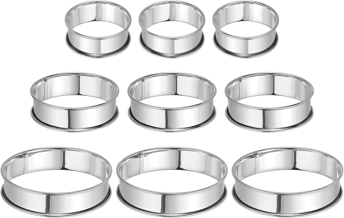 HARFINGTON 9pcs Crumpet Rings 2.36" 3.15" 3.94" Nonstick Round Cake Ring Stainless Steel Double Rolled English Pastry Rings for Kitchen Baking Crumpet Dessert, Silver