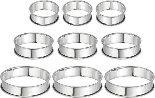 HARFINGTON 9pcs Crumpet Rings 2.36" 3.15" 3.94" Nonstick Round Cake Ring Stainless Steel Double Rolled English Pastry Rings for Kitchen Baking Crumpet Dessert, Silver